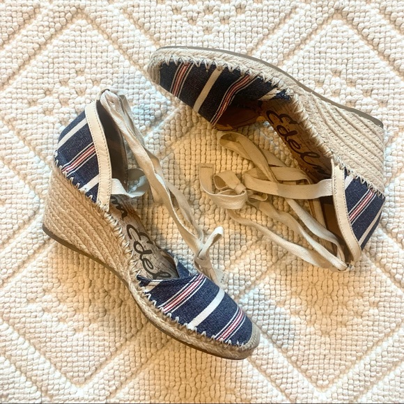Sam Edelman Espadrille Blue and Red Striped Wedge Sandals - Picture 4 of 10